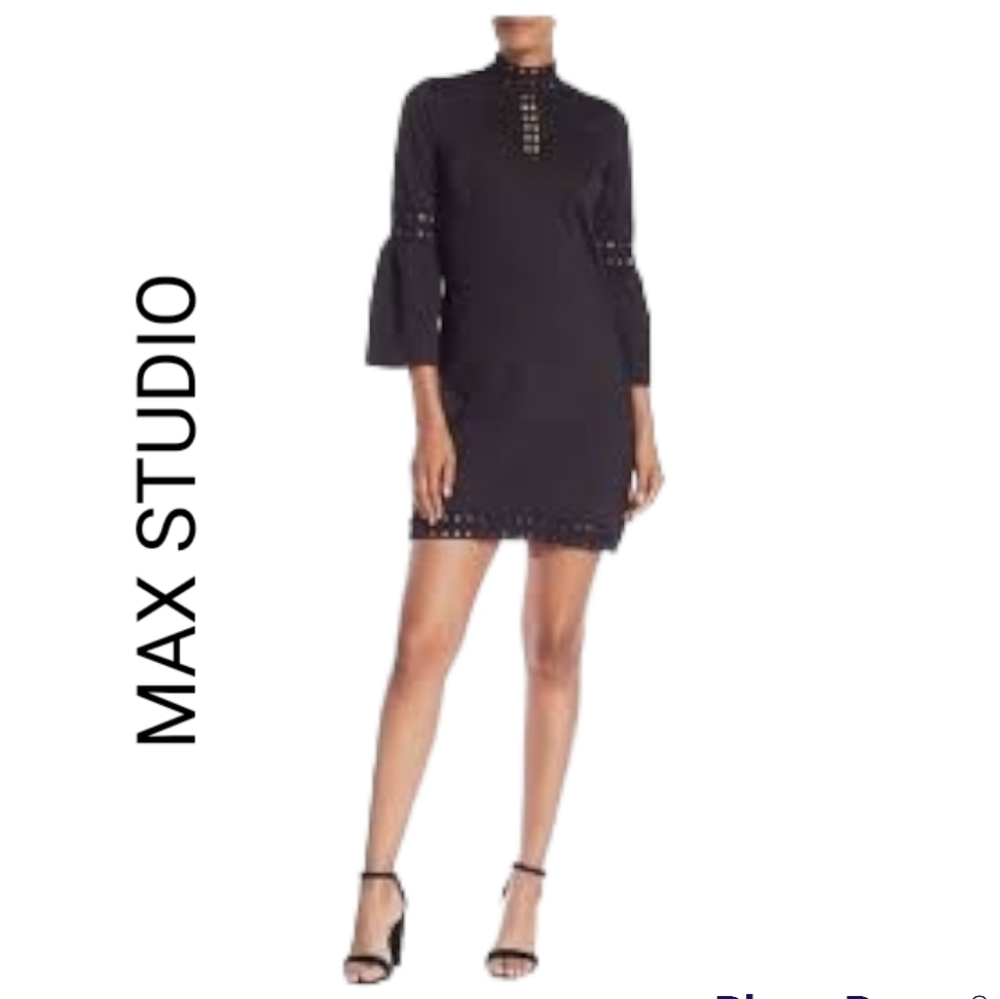 MAX STUDIO High Neck Cut Out Detail Ponte Dress Black